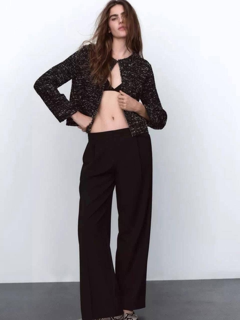 Zara Black White Textured Tweed Jacket | Size Medium